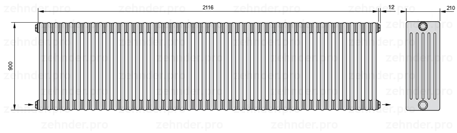 Схема (чертеж) Радиатор Zehnder Charleston 6090/46 №2670 Белый глянцевый RAL 9016